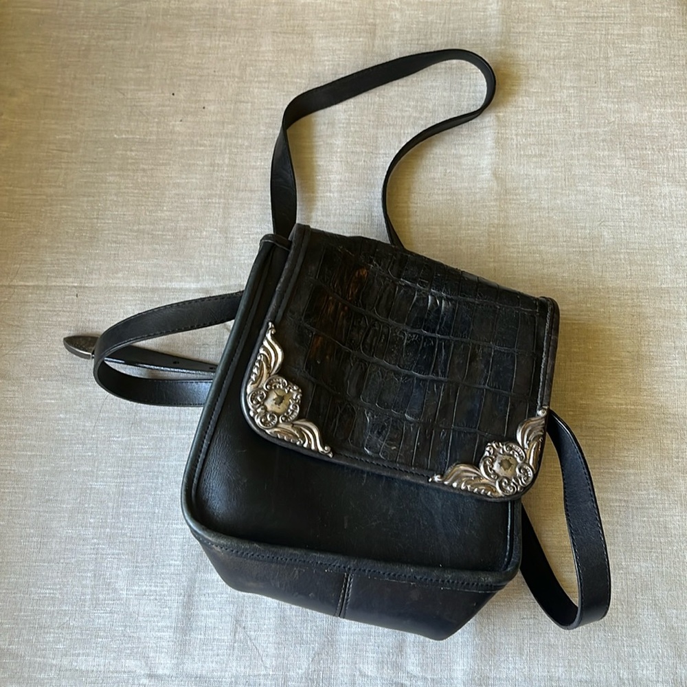 BRIGHTON Black leather shoulder purse - fake alligator print with silver